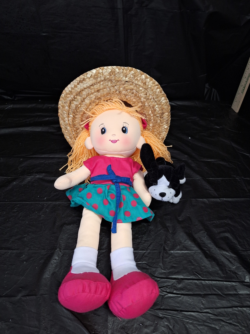 Linzy Brand Plush Girl Doll in Pink Top & Teal Polka-Dot Skirt with Straw Hat